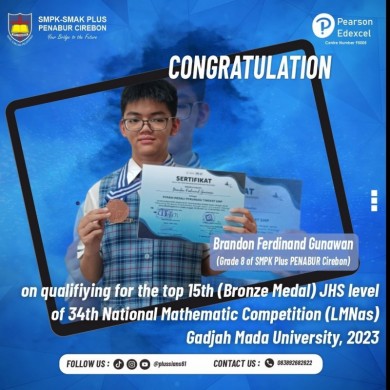 qualifying for the top 15th (Bronze Medal) JHS level of 34th National Mathematic Competition (LMNas) at Gadjah Mada University