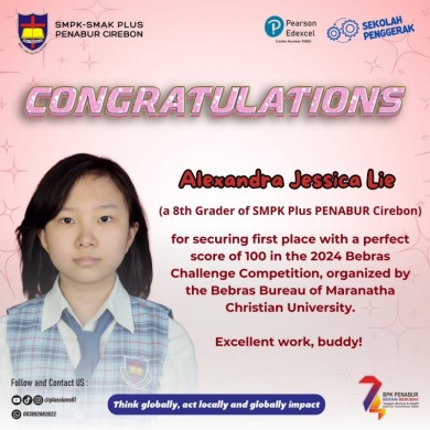 First place with a perfect score of 100 in the 2024 Bebras Challenge Competition, organized by the Bebras Bureau of Maranatha Christian University.